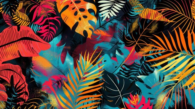 Jungle Vibes: A lively abstract illustration pulsating with the energy of the jungle, featuring exotic leaves and tropical flora interwoven with bold, graphic elements and vibrant summer colors.