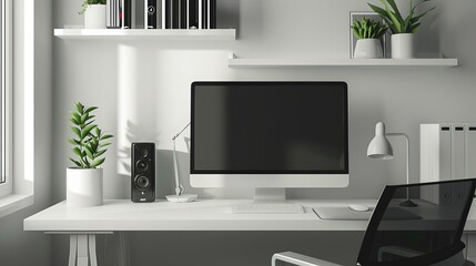 Modern Home Office with Computer and Plants