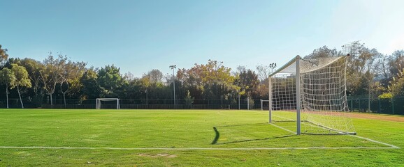 Fototapeta premium Kids And Goalposts Adorn The Expansive Green Soccer Field During Practice