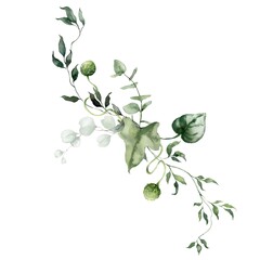 Watercolor floral card featuring eucalyptus, grass, herbs and bedstraw. Hand-drawn poster of a plant bouquet on a white background. An outdoor illustration for design, printing or fabric background.