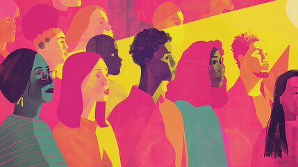 An illustration showing a spotlight shining on a diverse group of people, highlighting the importance of amplifying marginalized voices in the struggle for equality, illustration o