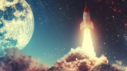 Reaching for the Moon: Ambitious Business Pitch with Rocket Launch Symbolizing Extraordinary Goals