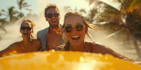 Tourists ride on a yellow inflatable banana.