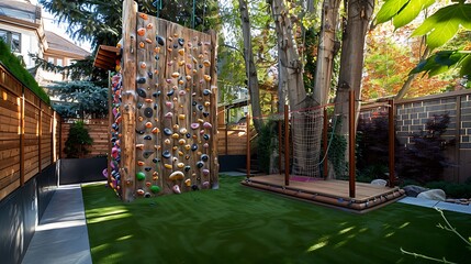 adventure-inspired backyard with a custom climbing wall, a series of balance beams, and a cargo net, designed for family fun and fitness
