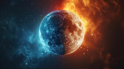 A planet engulfed in fire on one half and ice on the other, symbolizing contrasting forces or duality.