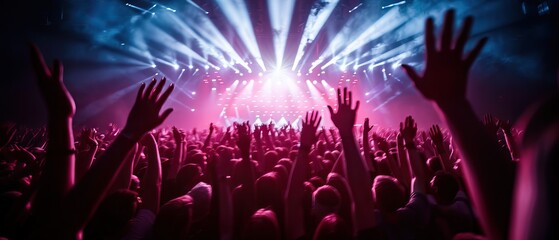 Obraz premium Crowd enjoying a vibrant concert with bright lights, raised hands, and energetic atmosphere. Perfect capture of live music experience.