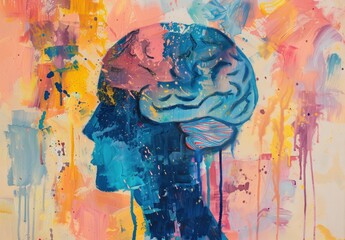 Fototapeta premium Abstract painting of a person's head with brain, creativity and intelligence concept, art and science fusion