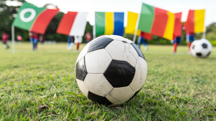 Panoramic digital painting of a vibrant soccer festival at twilight, with flags from various countries and a central, well-worn soccer ball on patchy grass.