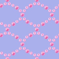 Seamless pattern of watercolor shiny pink pearls jewelry. Hand drawn illustration. Glamour, marine, tropical theme. Hand painted elements on lilac background. For fabric, wrapping, wallpaper, decor