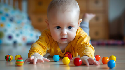 Fototapeta premium child with toys, wallpaper, fun and skill training at a young age