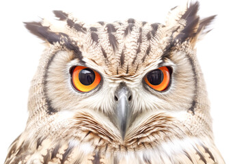 A close up of an owl's face with its eyes open