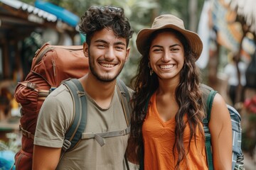 Obraz premium Happy Hispanic Backpacking Couple in Outdoor Market