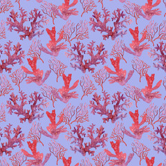 Marine seamless pattern red corals, plants, animals. Watercolor illustration Underwater background. Ocean nature. On lilac. For fabric, wrapping paper, wallpaper print decor. Summer vibes, Sea bottom