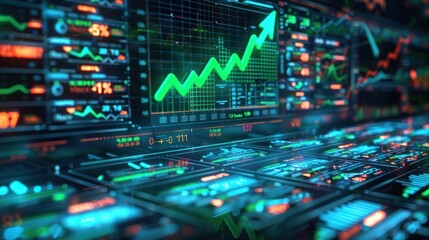 Obraz premium Digital Interface with Green Upward Trend Line