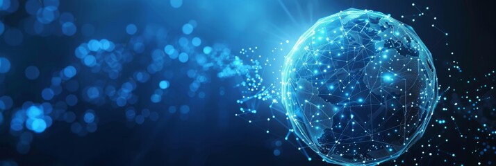 Futuristic blue background with a luminous digital sphere made of particles, providing a sleek look with ample free
