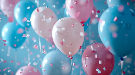 A scene filled with balloons and confetti pink, blue, and white hues