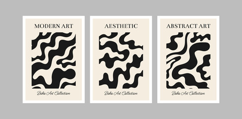 Set of aesthetic minimalist boho posters. Vector flat illustration of wavy organic shapes. Bohemian trendy dynamic print