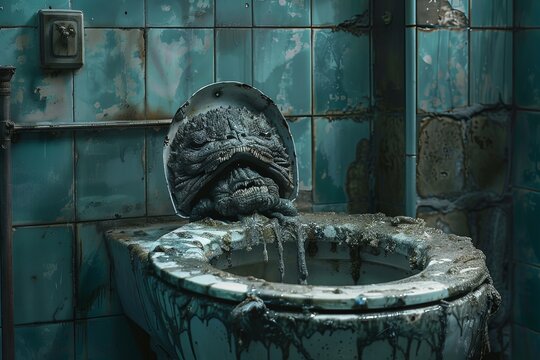 An eerie creature with a grim expression sitting on a filthy toilet in a rundown bathroom