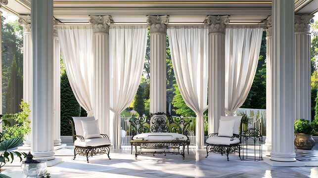 elegant garden pavilion with classic Doric columns, draped white curtains, and ornate iron furniture, ideal for hosting afternoon teas or evening cocktail parties