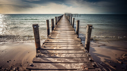 Fototapeta premium a wooden pier is in the water and has a sign that says no one is on it