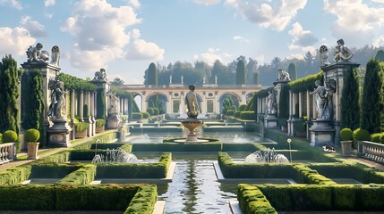 ornate Italian garden with symmetrical designs, marble statues, water features, and geometrically pruned hedges, providing a grand setting for garden tours and photo shoots