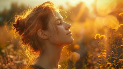 Fototapeta premium A serene woman basks in the sunlight of a meadow, blissfully enjoying natures tranquility and harmony