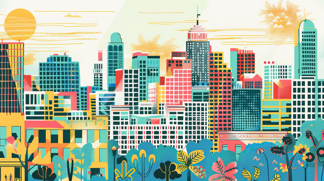 Risograph print travel poster illustration of Wichita, Kansas, modern, isolated, clear, simple. Artistic, stylistic, screen printing, stencil, stencilled, graphic design. Banner, wallpaper