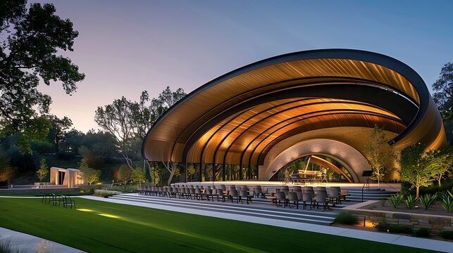 outdoor music pavilion with state-of-the-art acoustics, designed for live performances that blend with the natural surroundings, complete with lawn seating and gentle landscape lighting