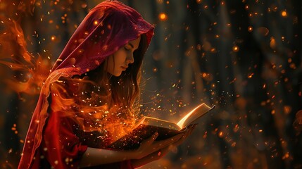 Fantasy woman witch magician in hood holds in hands magic book, bright orange light spells,