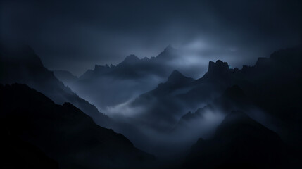 An evocative photograph of a mountain landscape shrouded in darkness and mist, with blurred silhouettes of peaks and valleys and small luminous details resembling distant stars or