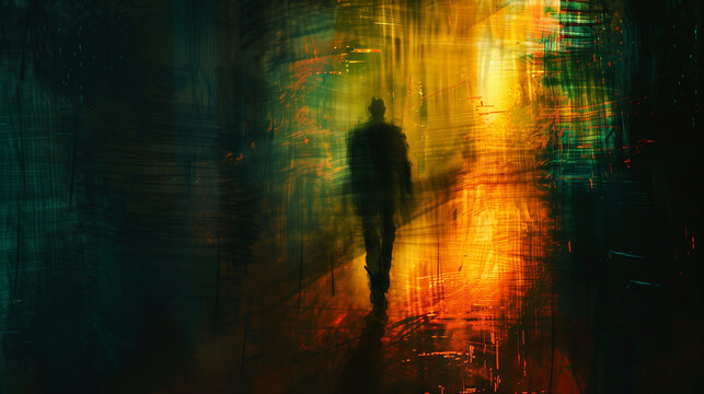 An abstract image of a figure walking through a dimly lit alleyway, with dark shades and a slight haze obscuring the surroundings, and small luminous details adding an element of i