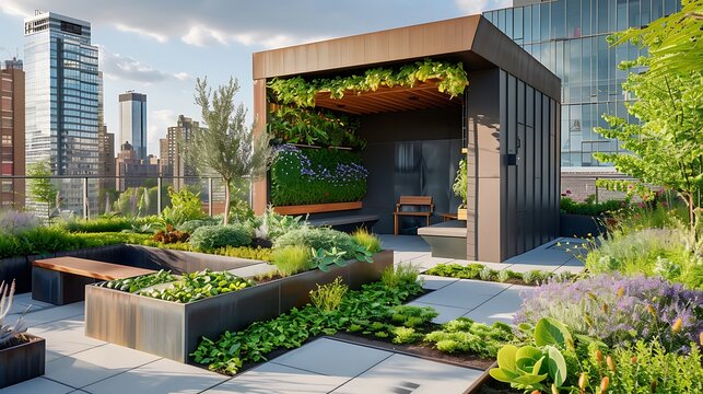urban rooftop garden featuring a blend of edible plants and ornamental greenery, complete with a modular seating area that includes hidden storage for gardening tools
