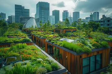 Fototapeta premium A city skyline with green rooftops and solar panels, representing urban sustainability and eco-friendly architecture. 