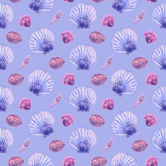 Marine seamless pattern animals, plants, seashell, mollusk, shells. Watercolor illustration Underwater background On lilac. Summer vibes, Sea bottom. For fabric, wrapping paper, wallpaper print decor