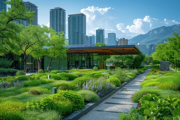 Fototapeta premium A city skyline with green rooftops and solar panels, representing urban sustainability and eco-friendly architecture. 