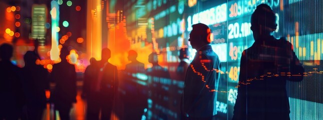 Fototapeta premium Silhouettes of People Against a Stock Market Display