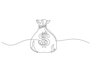 Continuous one line drawing of money bag. One line drawing illustration of money bag. Business icon. Money saving, International business day concept continuous line art. Editable outline.