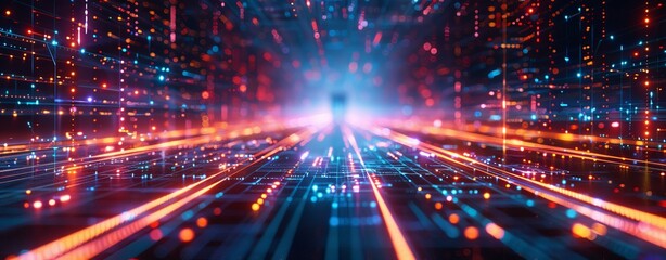 Naklejka premium A digital cyberspace landscape with a dynamic wave of multicolored lights symbolizing data flow and network connectivity.