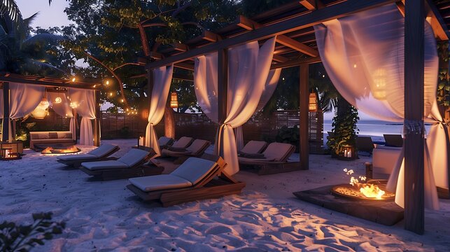 beachside cabana area with soft, flowing curtains, comfortable loungers, and a private sandy area equipped with fire pits for evening gatherings