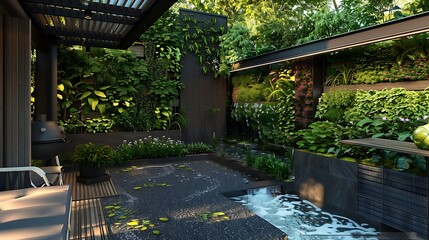 Obraz premium biophilic design patio with integrated plant walls, sustainable materials, and a water recycling system that doubles as a soothing water feature for urban eco-living