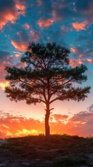 A solitary tree silhouetted against a blazing sunset sky with vibrant colors. A serene and beautiful nature scene.
