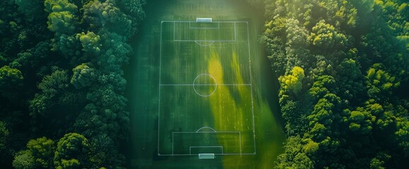 Obraz premium A Green Football Field Surrounded By The Tranquility Of Nature, Creating A Serene And Idyllic Backdrop