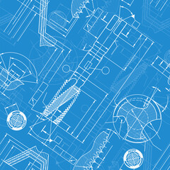 Mechanical engineering drawings on blue background. Tap tools, borer. Technical Design. Cover. Blueprint. Seamless pattern. Vector illustration.