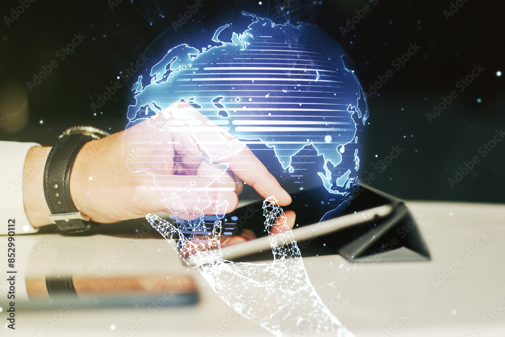 Poster multi exposure of abstract creative digital world map and finger presses on a digital tablet on back