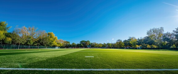 A Green Football Field Under A Clear Blue Sky, Families Cheering With Unwavering Support For Their Beloved Players