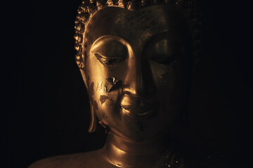 A golden Buddha head on a black background with perfectly placed lights and shadows.