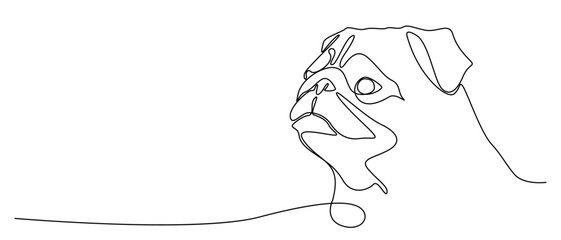 Pug, one line drawing. Dog with free space for text. Dog walking services. Portrait of a pet's face. Linear drawing of a dog's muzzle. Pet tattoo
