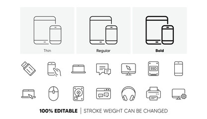 Laptop, SSD and Headphones. Device line icons. Printer linear icon set. Line icons set. Vector