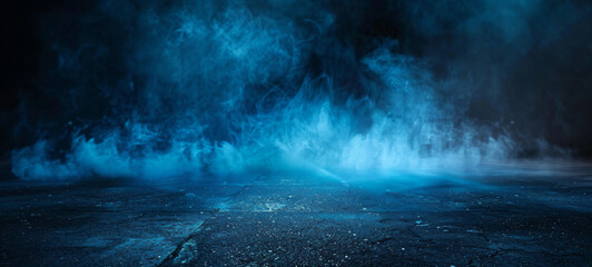 Fototapeta premium Abstract dark background with blue light and smoke on the asphalt floor