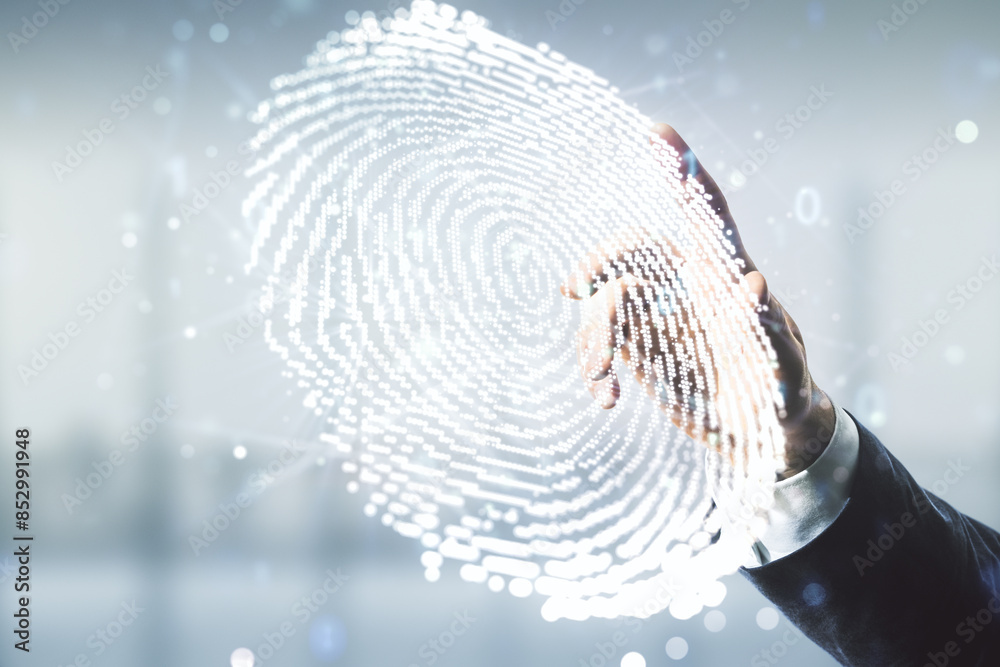 Poster man hand clicks on abstract virtual fingerprint illustration on blurred office background, personal 